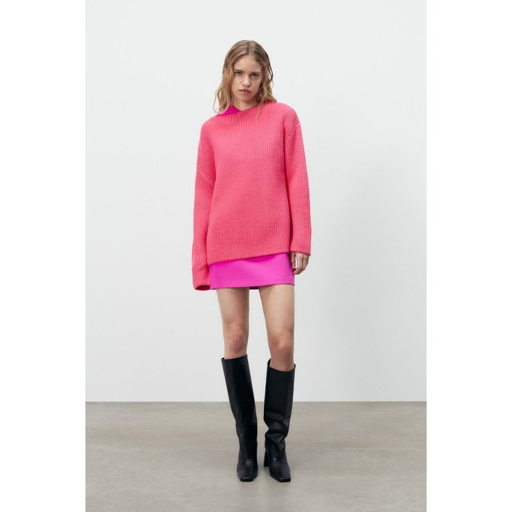 Pink Zara Ribbed Chunky Knit Boat Neck Pullover Long Sleeve Sweater (NWT)